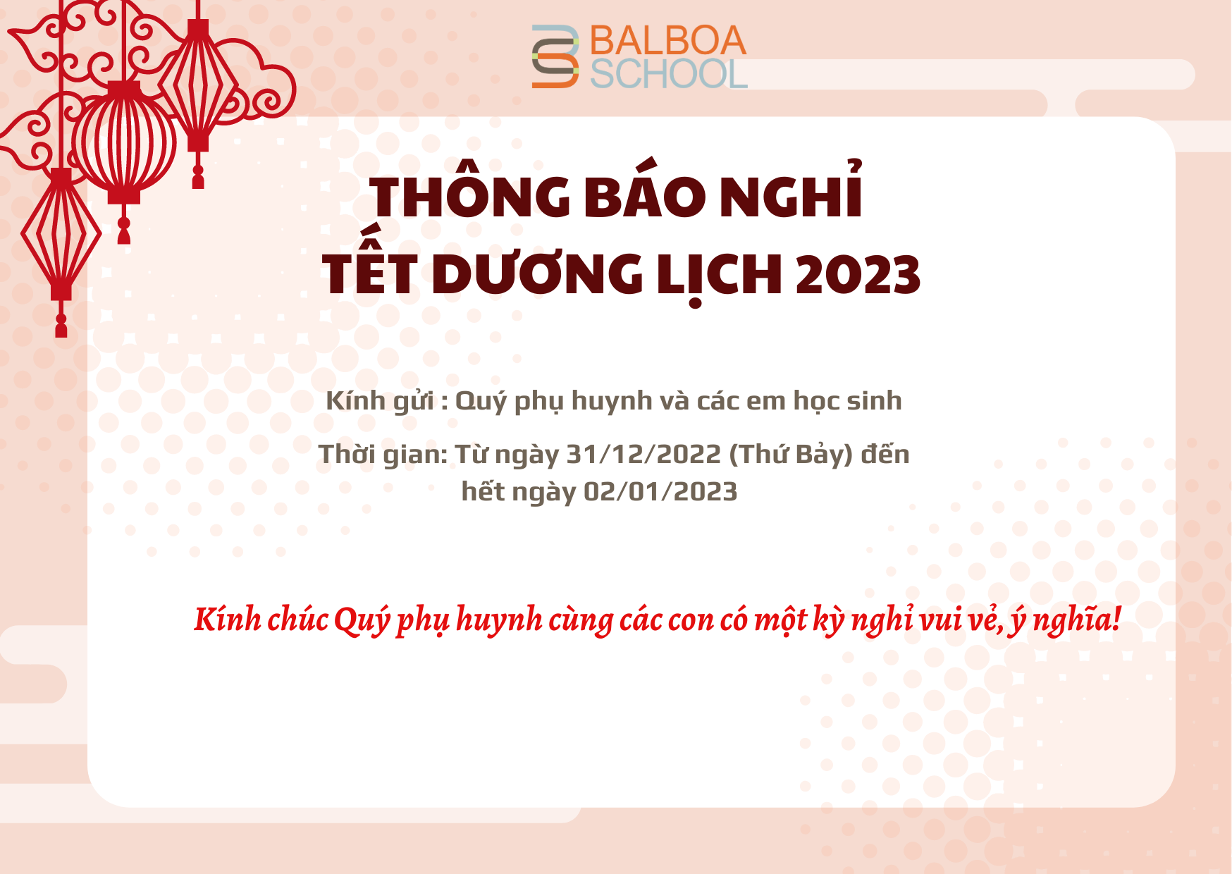 THÔNG BÁO LỊCH NGHỈ TẾT DƯƠNG LỊCH 2023